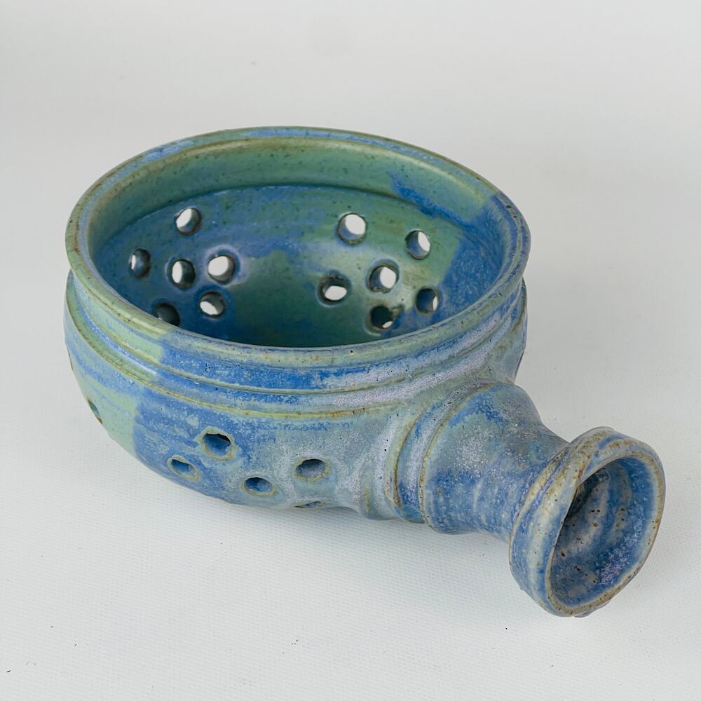 Handmade Blue Green Pottery Berry Bowl Strainer Signed